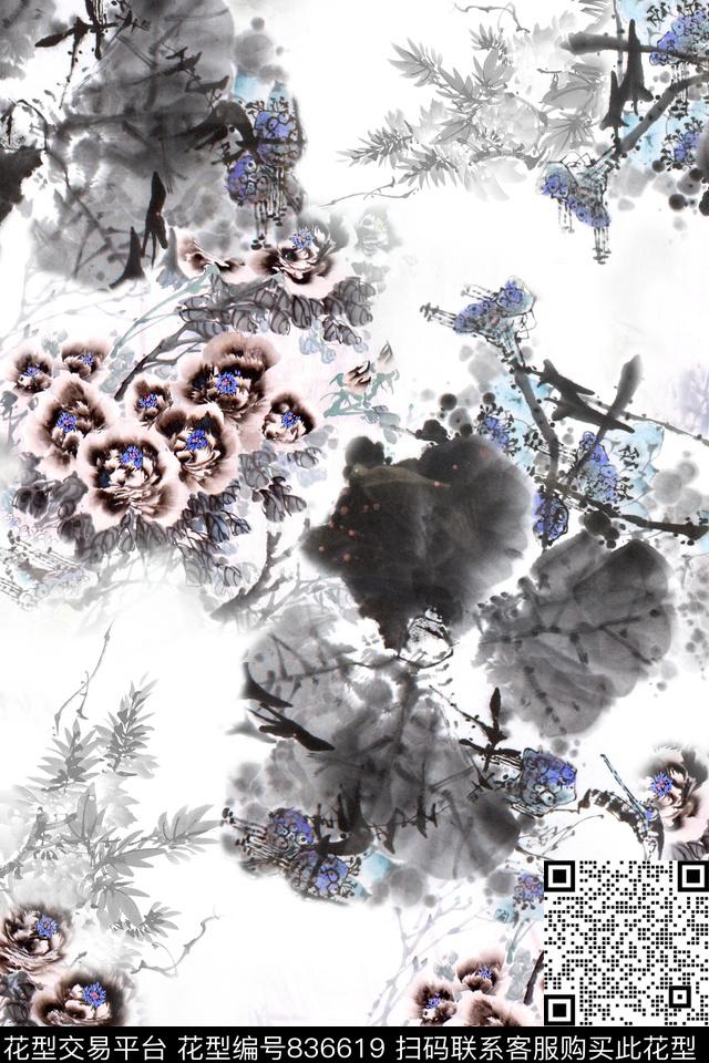 国画手绘花卉满版散花数码印花华亿平台下载（图片编号: 836619） - 瓦栏（Walan）