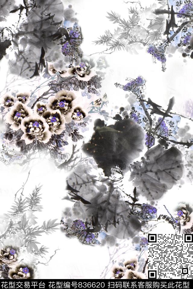 国画手绘花卉满版散花数码印花华亿平台下载（图片编号: 836620） - 瓦栏（Walan）