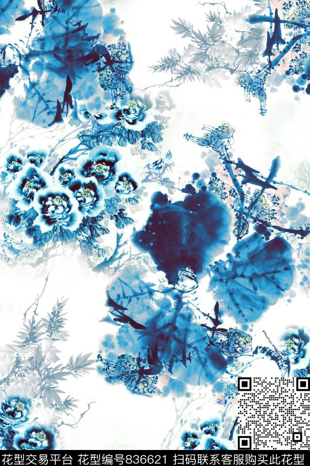 国画手绘花卉满版散花数码印花华亿平台下载（图片编号: 836621） - 瓦栏（Walan）