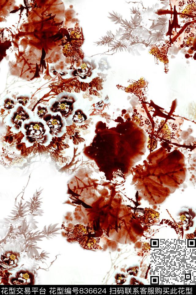 国画手绘花卉满版散花数码印花华亿平台下载（图片编号: 836624） - 瓦栏（Walan）