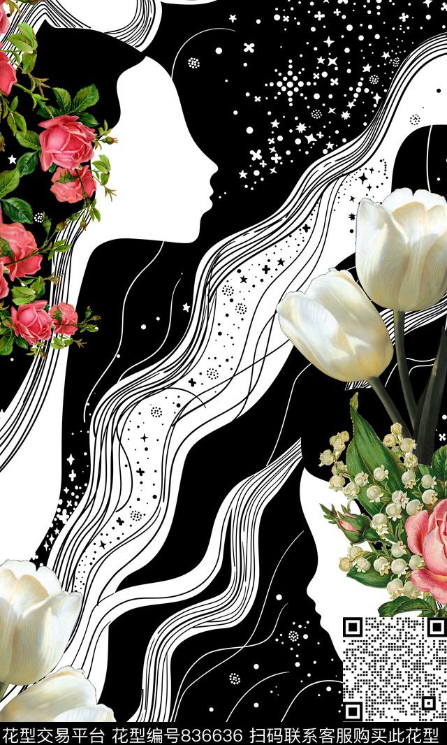 人物花卉黑白数码印花华亿平台下载（图片编号: 836636） - 瓦栏（Walan）
