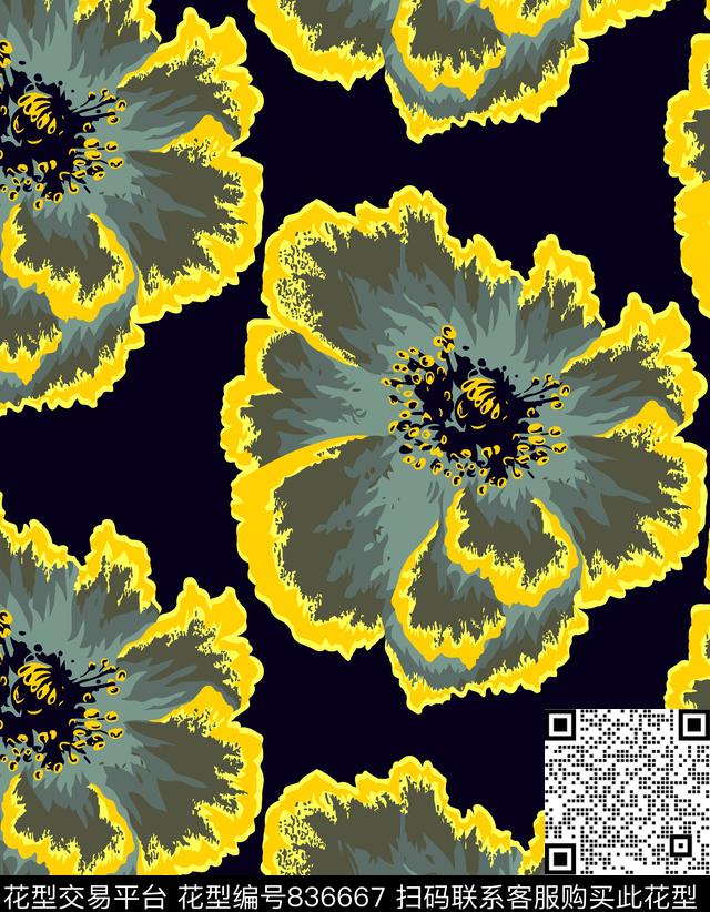 大花花朵花卉传统印花华亿平台下载（图片编号: 836667） - 瓦栏（Walan）