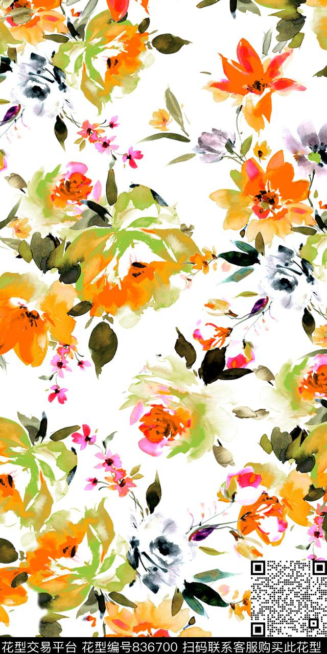 抽象花卉手绘花卉水彩花卉数码印花华亿平台下载（图片编号: 836700） - 瓦栏（Walan）