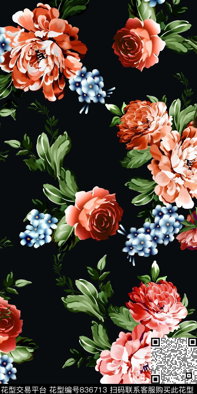 抽象花卉牡丹玫瑰数码印花华亿平台下载（图片编号: 836713） - 瓦栏（Walan）