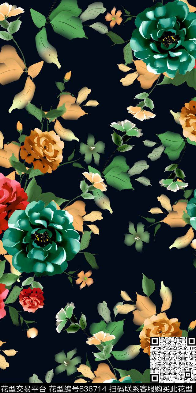 抽象花卉牡丹手绘花卉数码印花华亿平台下载（图片编号: 836714） - 瓦栏（Walan）