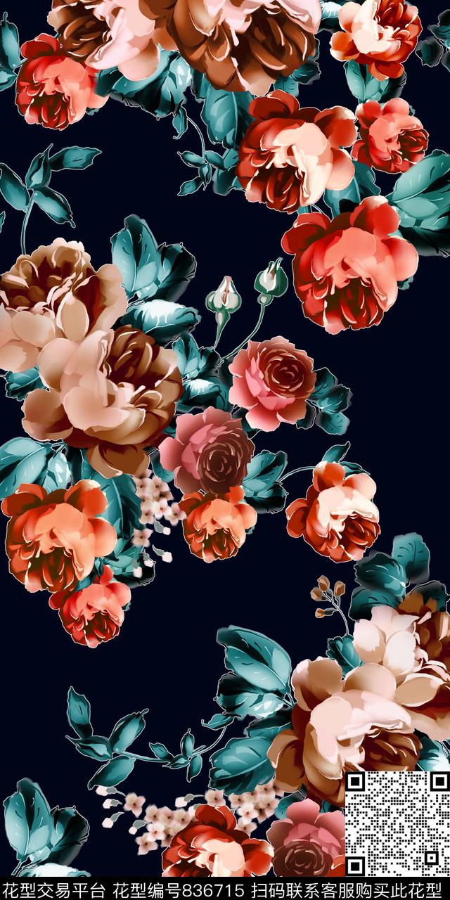 玫瑰手绘花卉雕印数码印花华亿平台下载（图片编号: 836715） - 瓦栏（Walan）