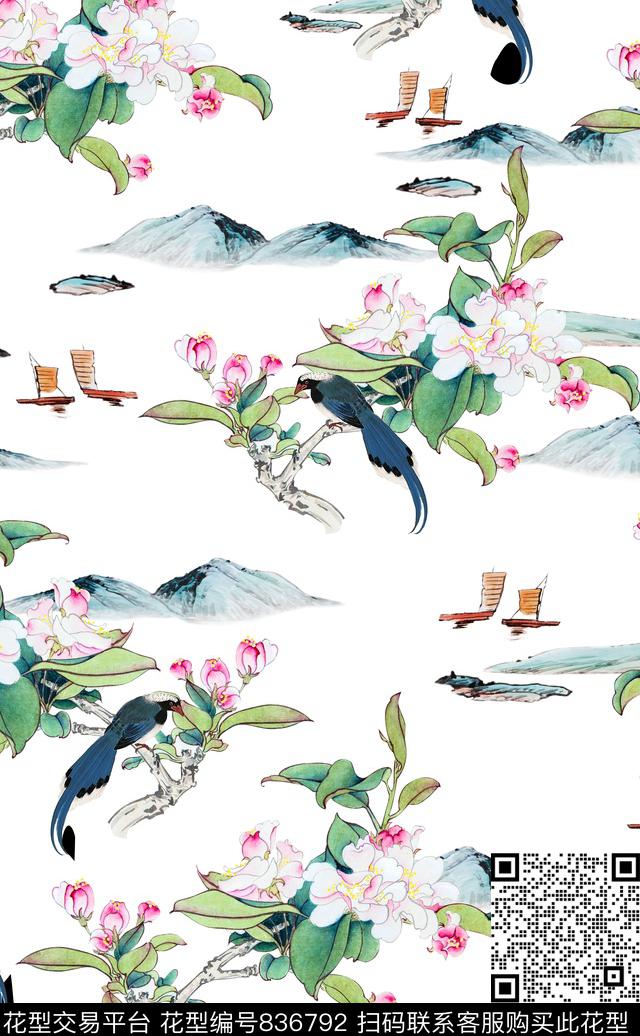 中国画手绘桃花植物花卉数码印花华亿平台下载（图片编号: 836792） - 瓦栏（Walan）
