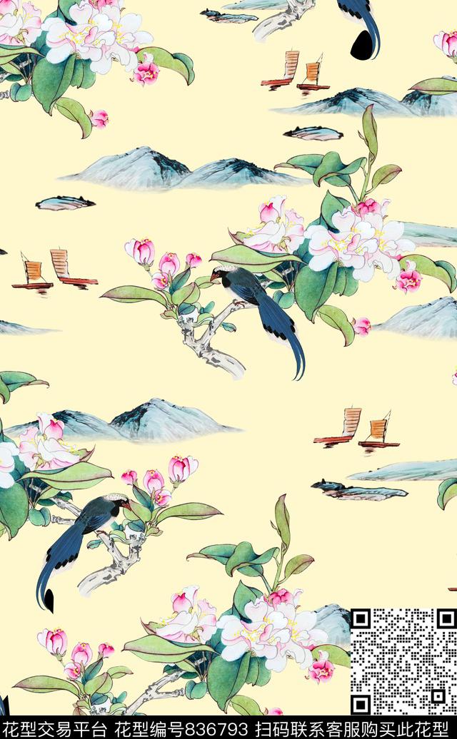 中国画手绘桃花植物花卉数码印花华亿平台下载（图片编号: 836793） - 瓦栏（Walan）