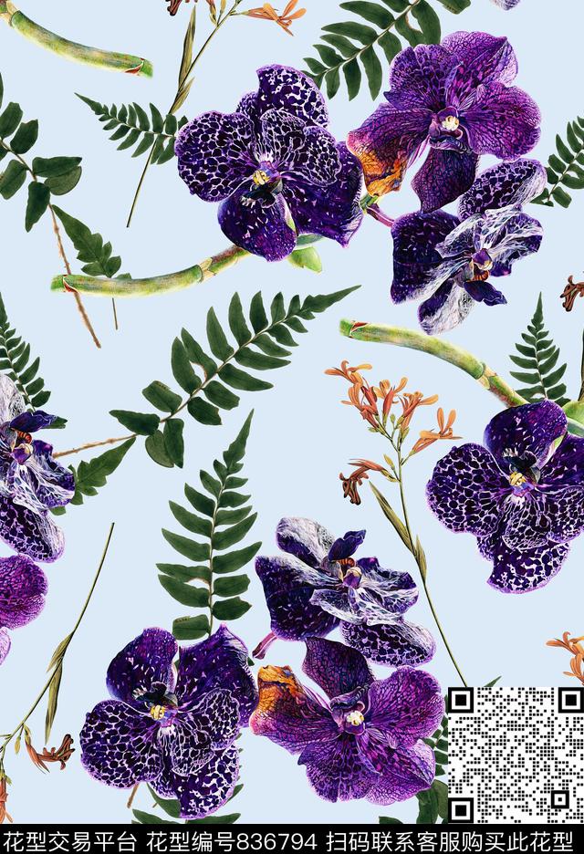 花卉植物蝴蝶兰数码印花华亿平台下载（图片编号: 836794） - 瓦栏（Walan）