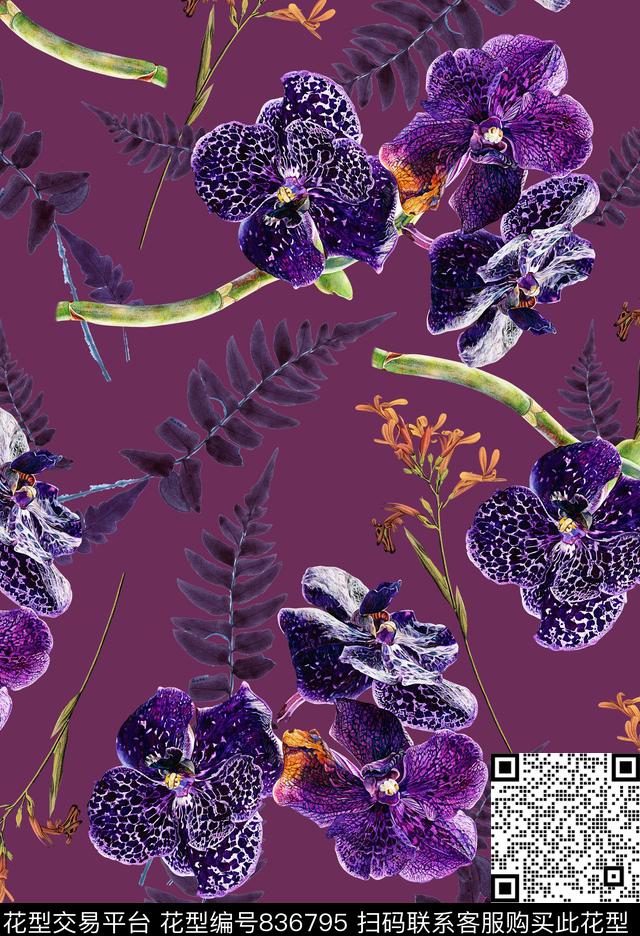 花卉植物兰花数码印花华亿平台下载（图片编号: 836795） - 瓦栏（Walan）