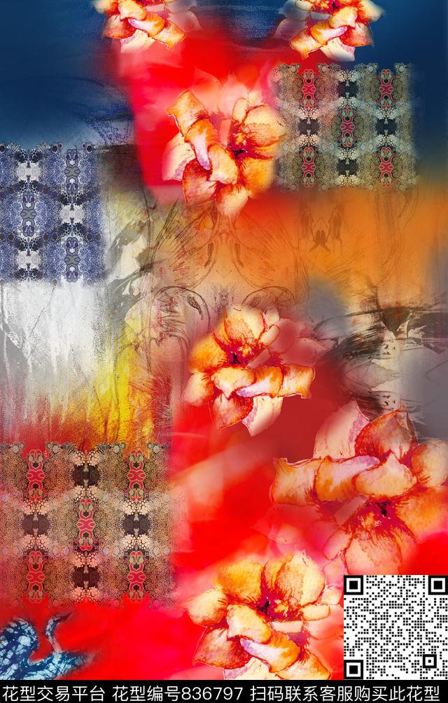 定位水彩花纹数码印花华亿平台下载（图片编号: 836797） - 瓦栏（Walan）