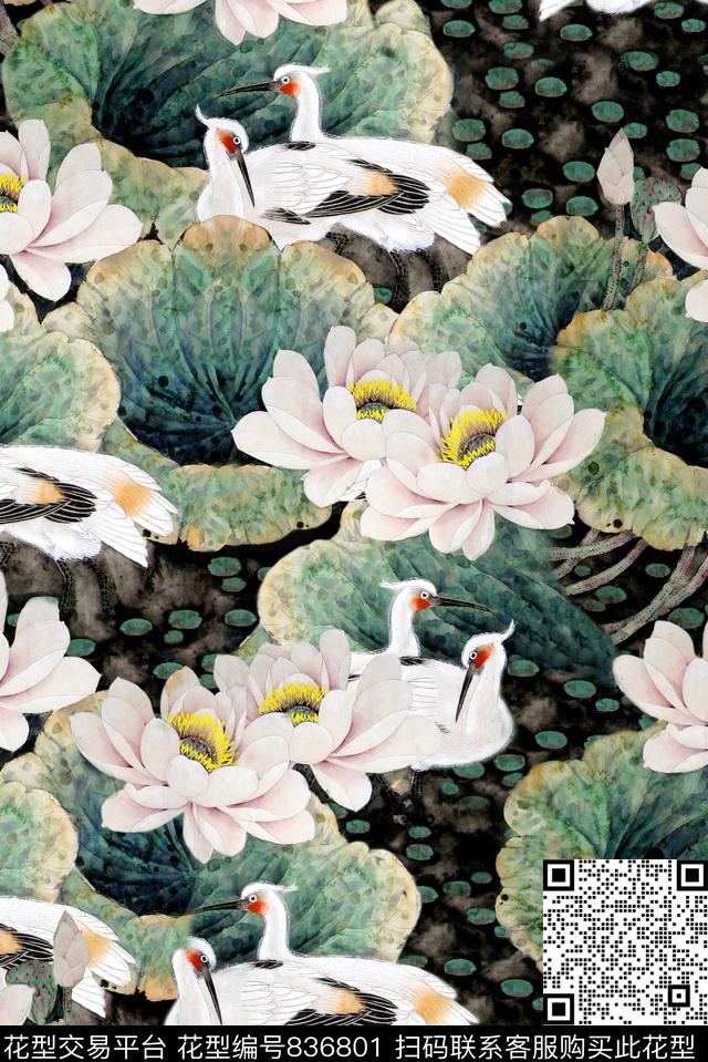 中国风水墨荷花水鸟花卉数码印花华亿平台下载（图片编号: 836801） - 瓦栏（Walan）