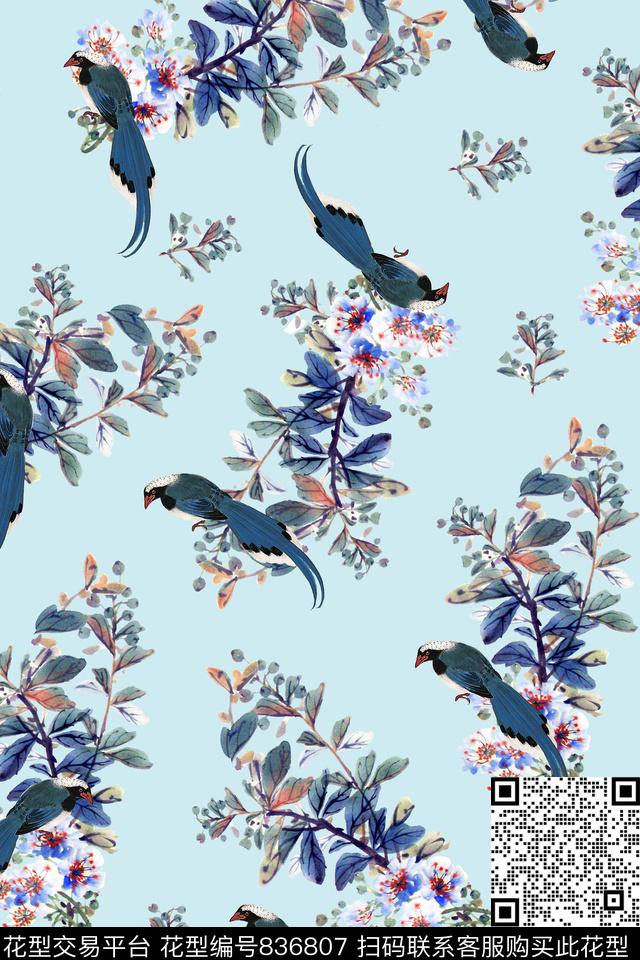 手绘中国风杜鹃花花卉鸟数码印花华亿平台下载（图片编号: 836807） - 瓦栏（Walan）