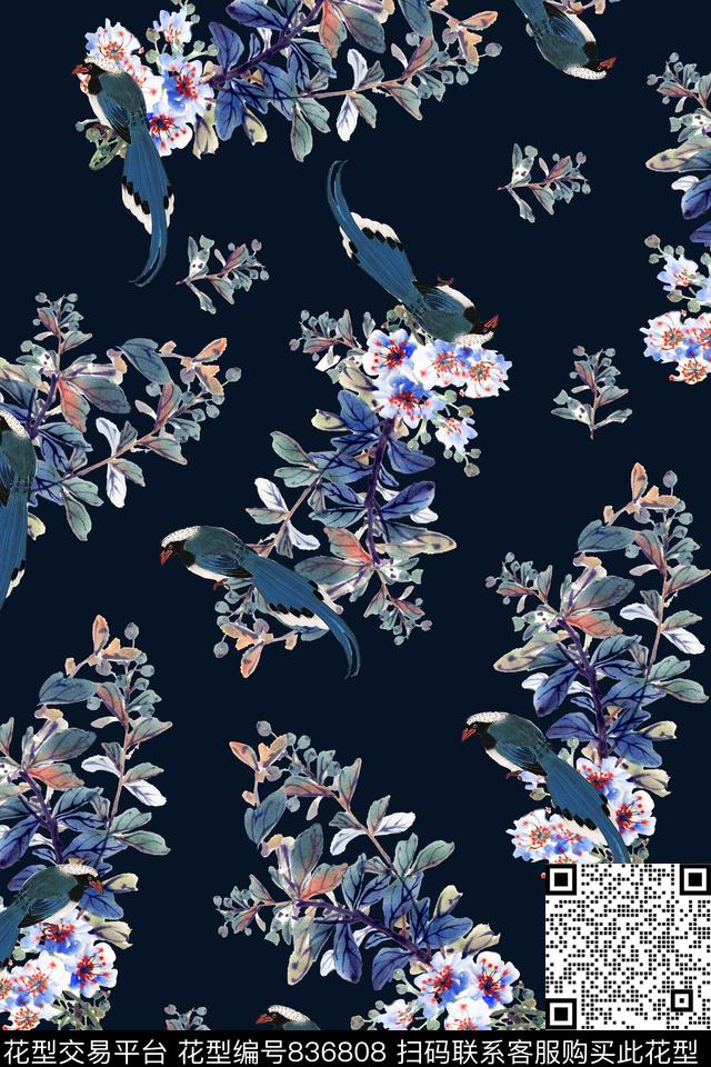 手绘中国风杜鹃花花卉鸟数码印花华亿平台下载（图片编号: 836808） - 瓦栏（Walan）