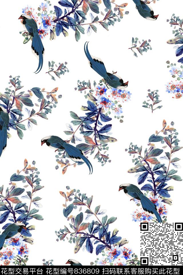 手绘中国风杜鹃花花卉鸟数码印花华亿平台下载（图片编号: 836809） - 瓦栏（Walan）