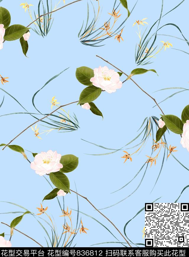 手绘水彩茶花数码印花华亿平台下载（图片编号: 836812） - 瓦栏（Walan）