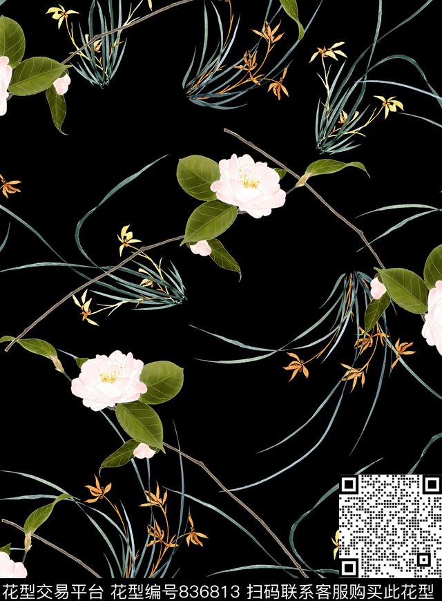 手绘水彩茶花君子兰花茉莉花数码印花华亿平台下载（图片编号: 836813） - 瓦栏（Walan）