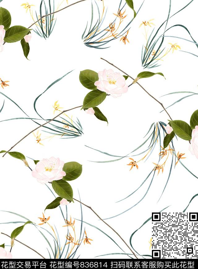 手绘水彩茶花君子兰花茉莉花数码印花华亿平台下载（图片编号: 836814） - 瓦栏（Walan）