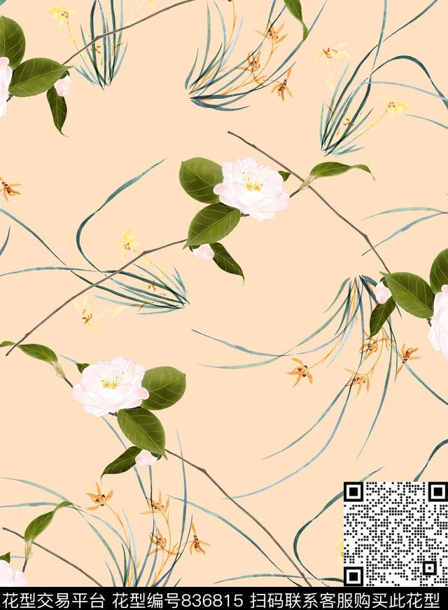 手绘水彩茶花君子兰花茉莉花数码印花华亿平台下载（图片编号: 836815） - 瓦栏（Walan）