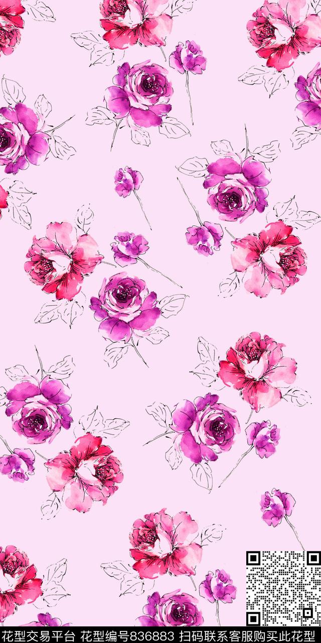 牡丹玫瑰兰花数码印花华亿平台下载（图片编号: 836883） - 瓦栏（Walan）