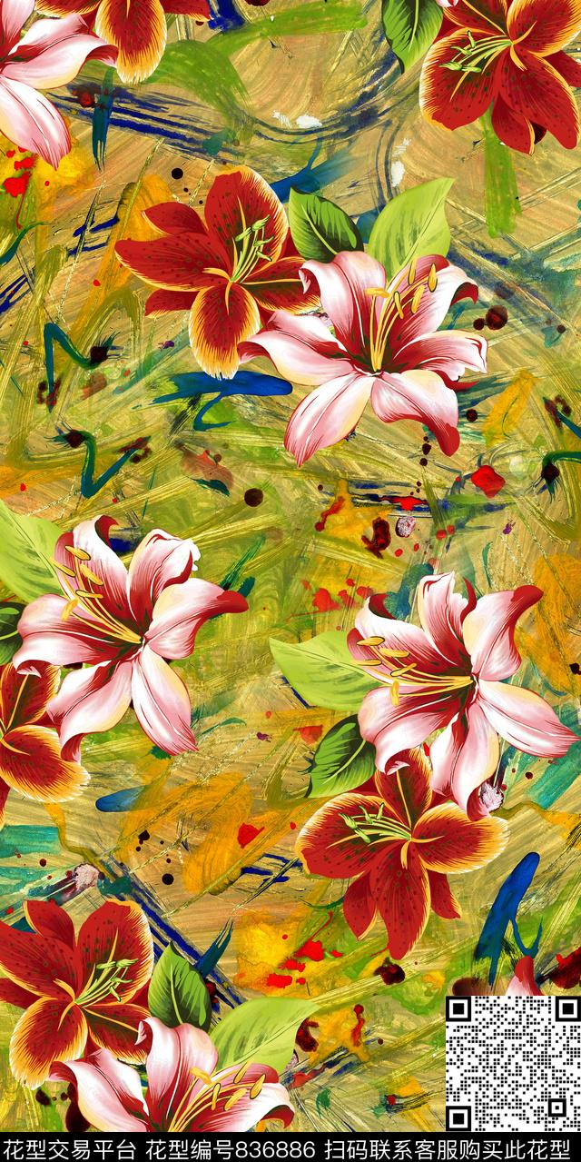 玉兰花牡丹花朵数码印花华亿平台下载（图片编号: 836886） - 瓦栏（Walan）