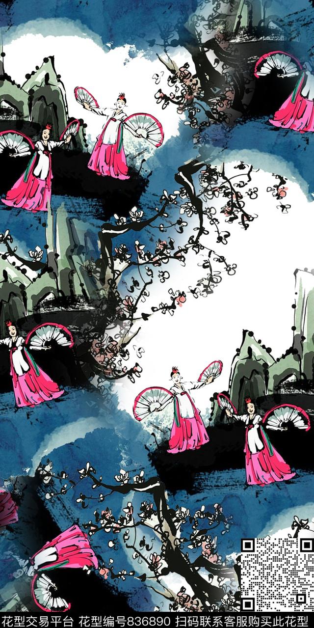 花朵花卉水墨数码印花华亿平台下载（图片编号: 836890） - 瓦栏（Walan）