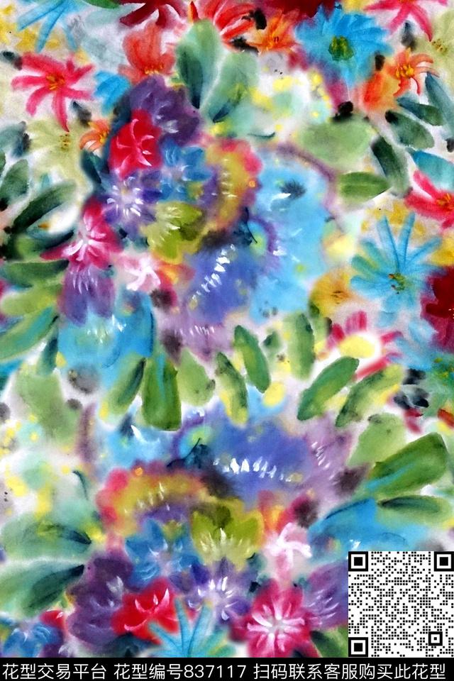 水彩抽象花卉数码印花华亿平台下载（图片编号: 837117） - 瓦栏（Walan）