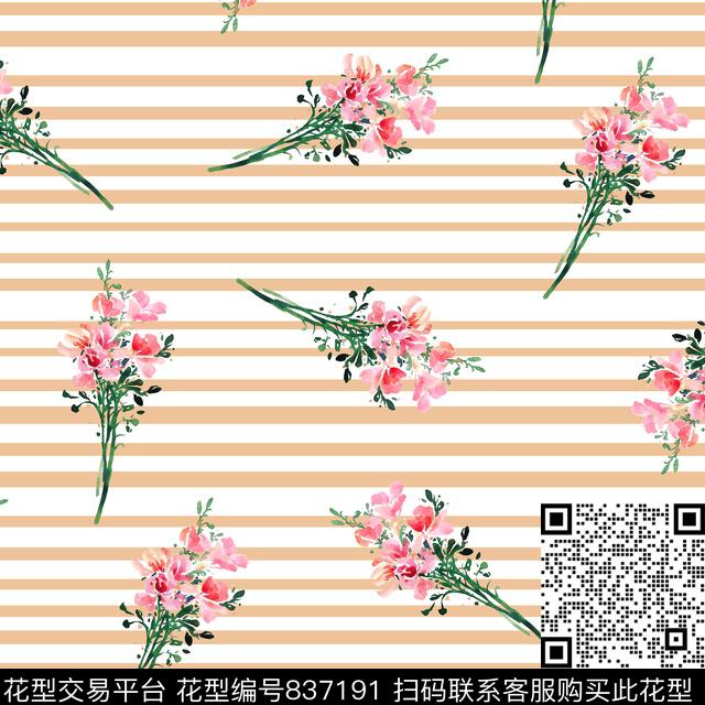 条纹花卉束花乱花数码印花华亿平台下载（图片编号: 837191） - 瓦栏（Walan）