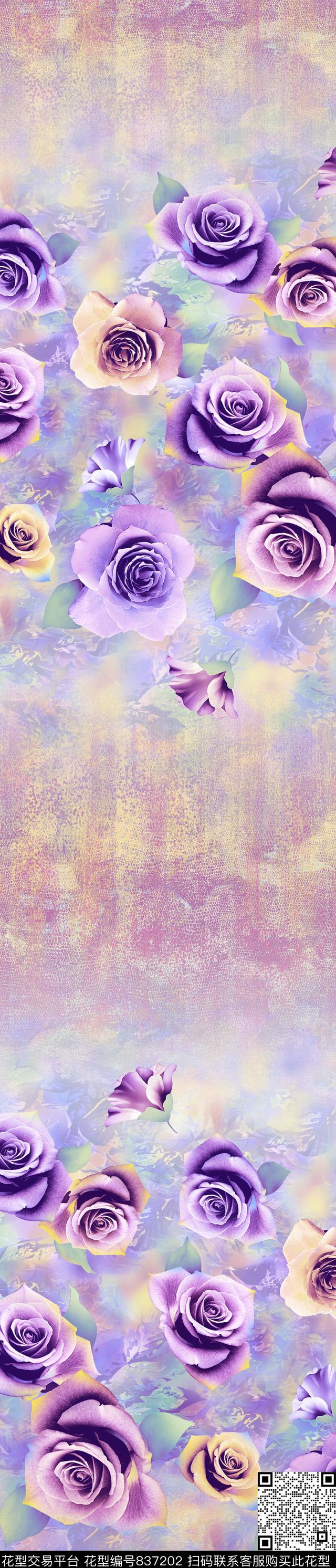 玫瑰花卉彩条传统印花华亿平台下载（图片编号: 837202） - 瓦栏（Walan）