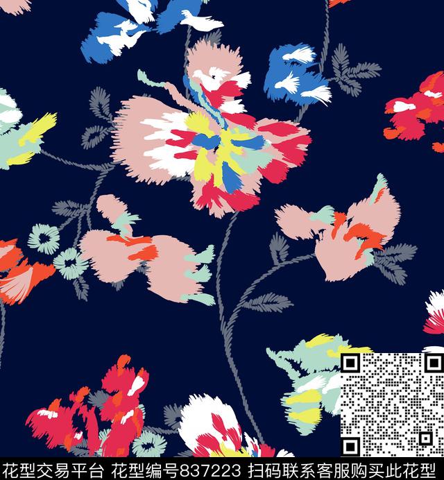 绣花抽象花枝传统印花华亿平台下载（图片编号: 837223） - 瓦栏（Walan）