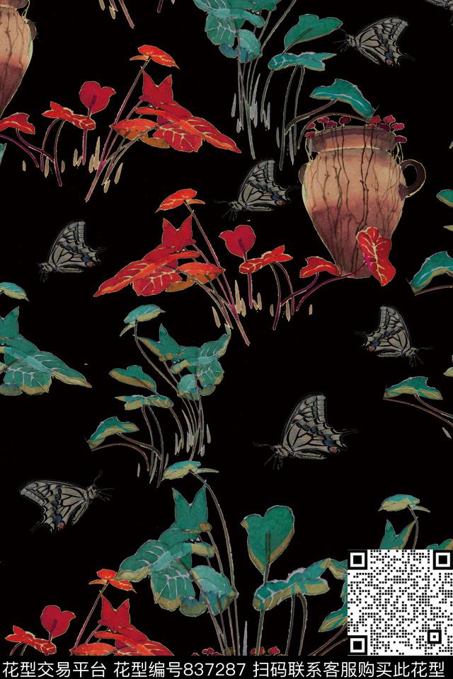 古壶古朴叶子数码印花华亿平台下载（图片编号: 837287） - 瓦栏（Walan）