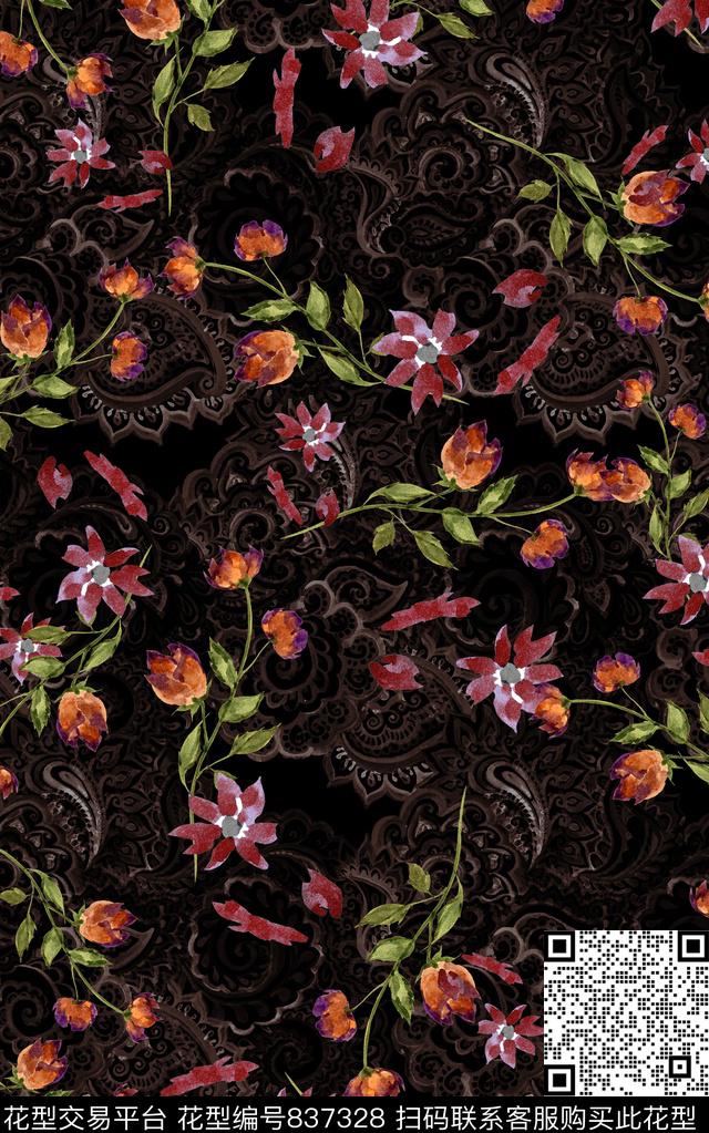 波西米亚民族风花朵数码印花华亿平台下载（图片编号: 837328） - 瓦栏（Walan）