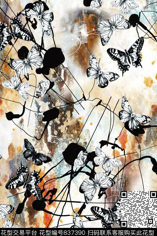 复古肌理蝴蝶数码印花华亿平台下载（图片编号: 837390） - 瓦栏（Walan）
