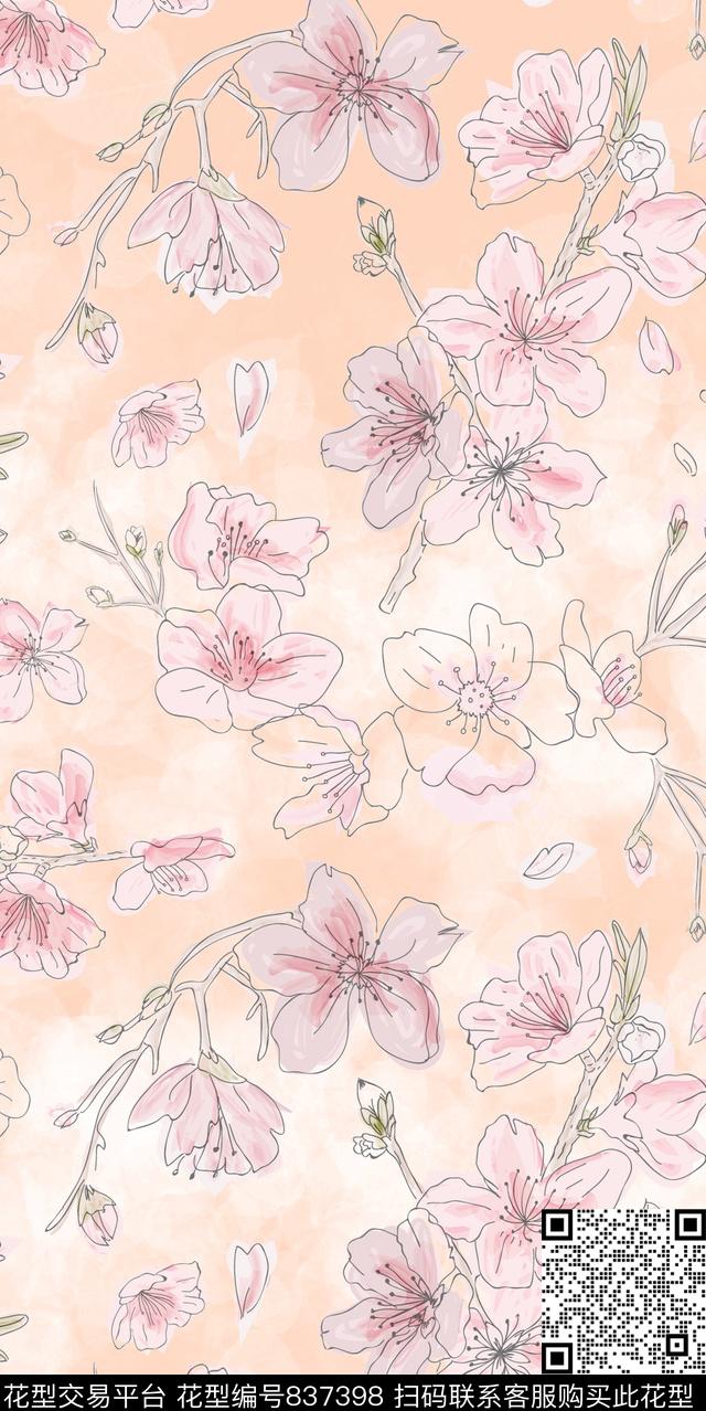 水彩桃花朦胧花卉数码印花华亿平台下载（图片编号: 837398） - 瓦栏（Walan）