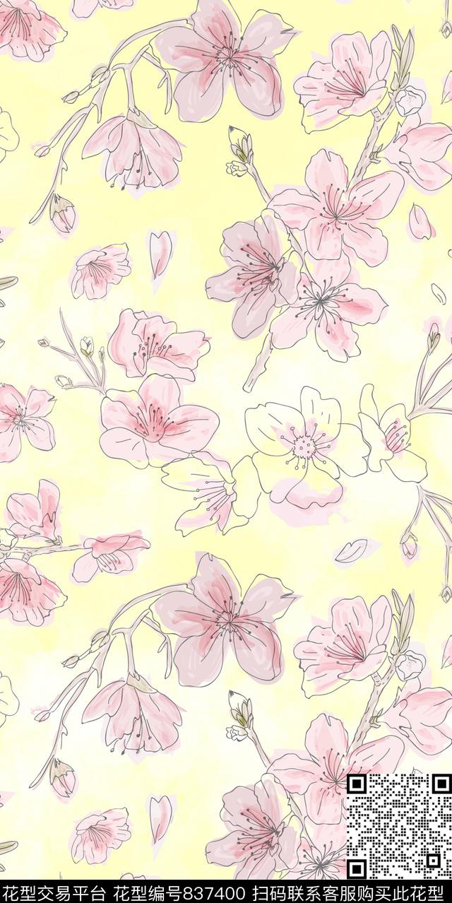 水彩桃花朦胧花卉数码印花华亿平台下载（图片编号: 837400） - 瓦栏（Walan）