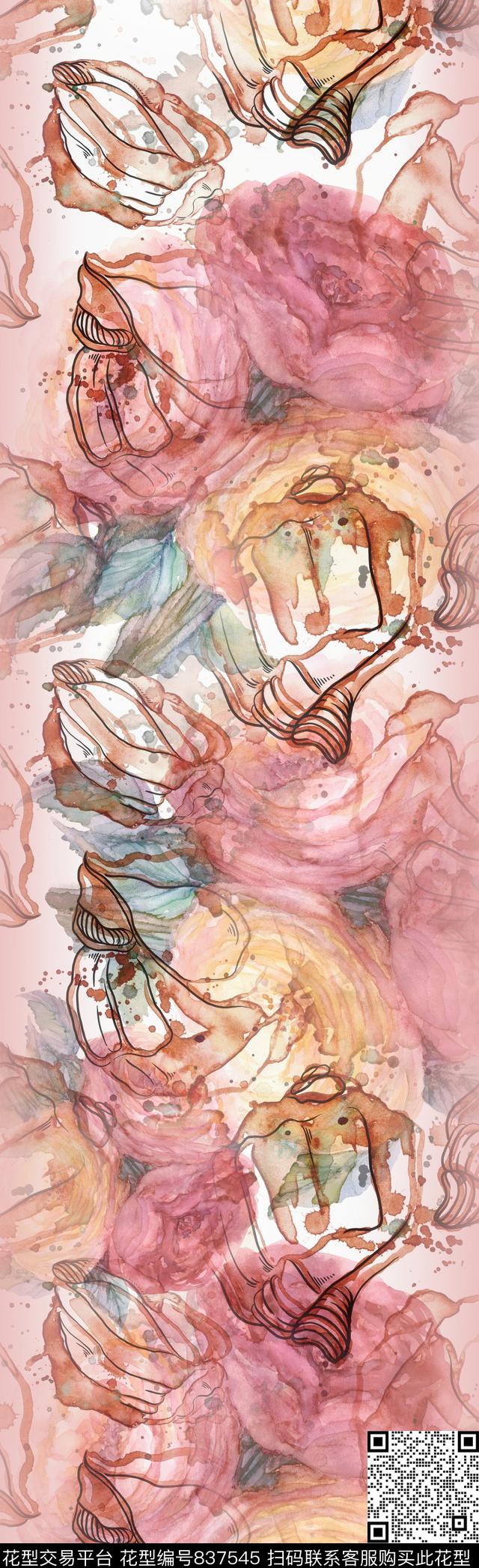 线条花朵水彩数码印花华亿平台下载（图片编号: 837545） - 瓦栏（Walan）