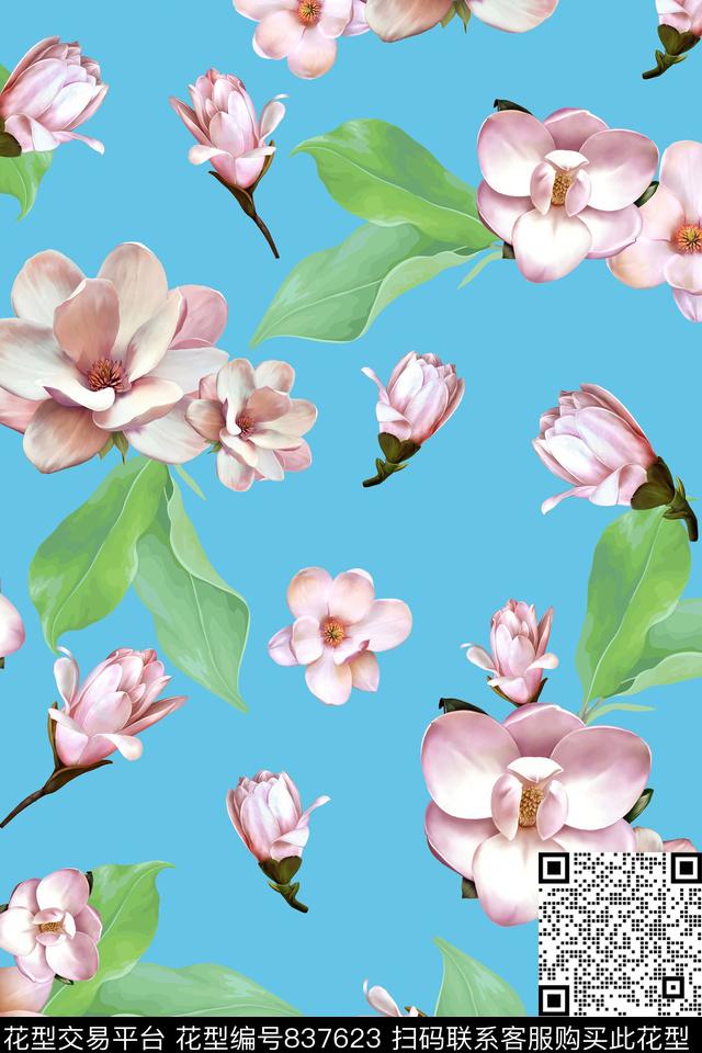 小清新风格大花乱花手绘花卉数码印花华亿平台下载（图片编号: 837623） - 瓦栏（Walan）