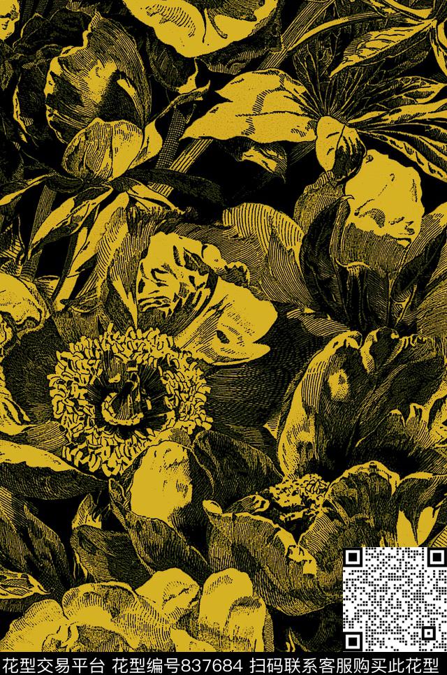 大花花卉花朵传统印花华亿平台下载（图片编号: 837684） - 瓦栏（Walan）