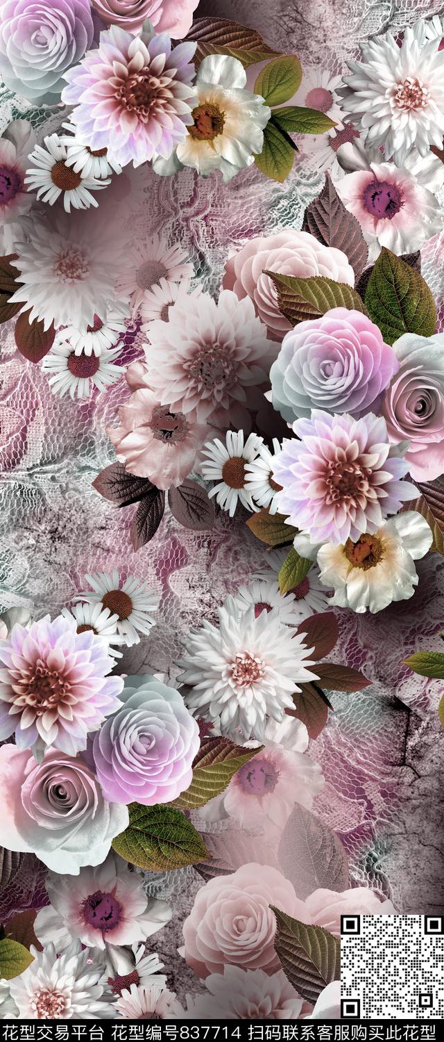 鲜花大花玫瑰数码印花华亿平台下载（图片编号: 837714） - 瓦栏（Walan）