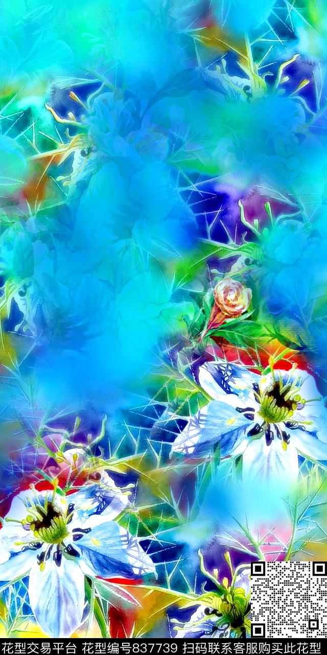 花卉几何定位数码印花华亿平台下载（图片编号: 837739） - 瓦栏（Walan）