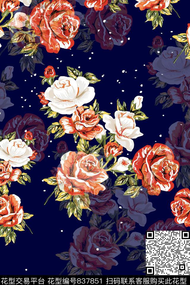 玫瑰牡丹花卉数码印花华亿平台下载（图片编号: 837851） - 瓦栏（Walan）