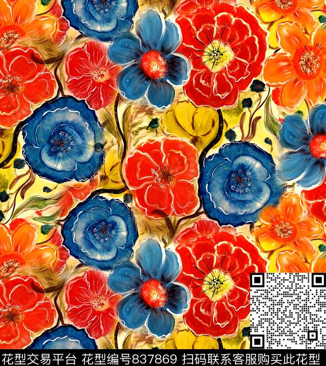 抽象花卉花卉满版散花数码印花华亿平台下载（图片编号: 837869） - 瓦栏（Walan）