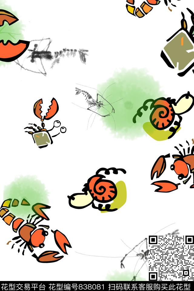 螃蟹虾水墨数码印花华亿平台下载（图片编号: 838081） - 瓦栏（Walan）
