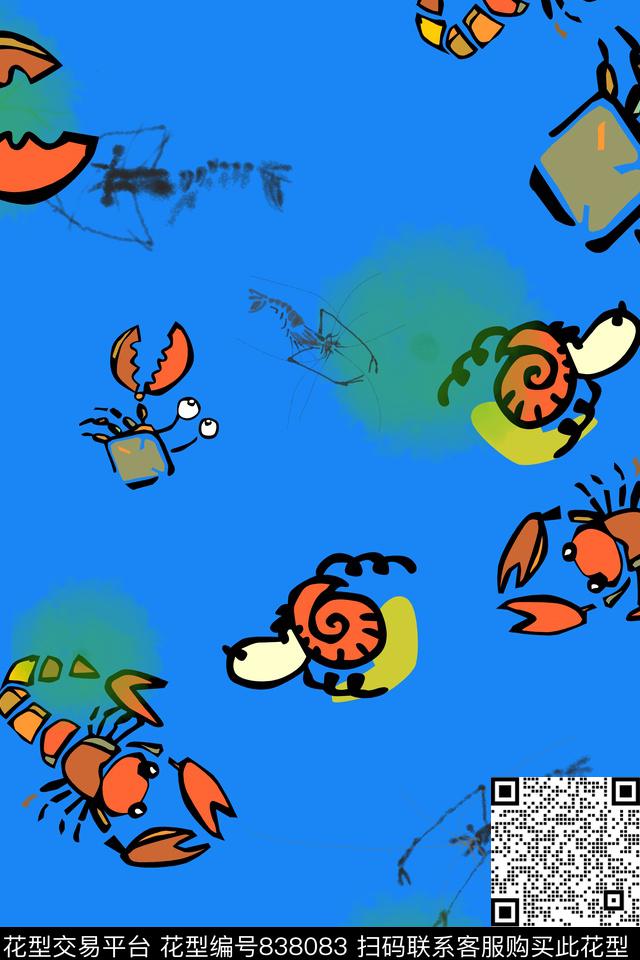 螃蟹虾水墨数码印花华亿平台下载（图片编号: 838083） - 瓦栏（Walan）