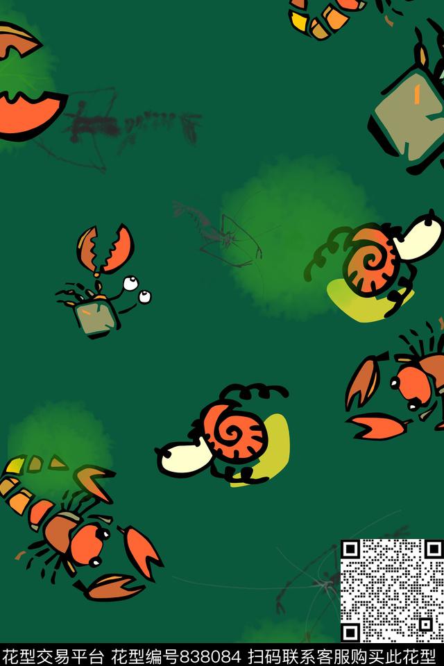 螃蟹虾水墨数码印花华亿平台下载（图片编号: 838084） - 瓦栏（Walan）