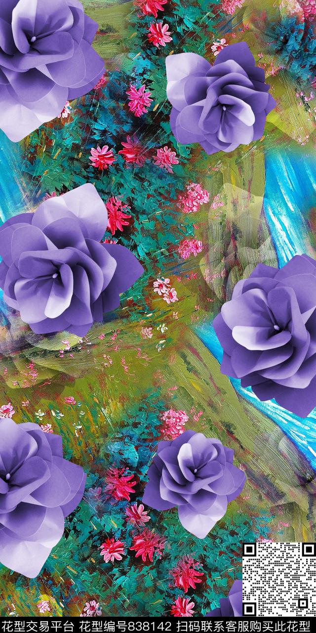 乱花百合康乃馨数码印花华亿平台下载（图片编号: 838142） - 瓦栏（Walan）