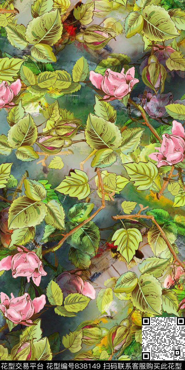 荷花乱花花朵数码印花华亿平台下载（图片编号: 838149） - 瓦栏（Walan）