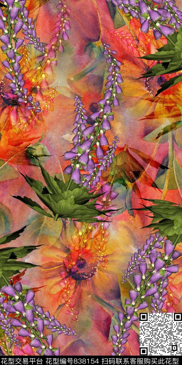 向日葵牡丹大花数码印花华亿平台下载（图片编号: 838154） - 瓦栏（Walan）