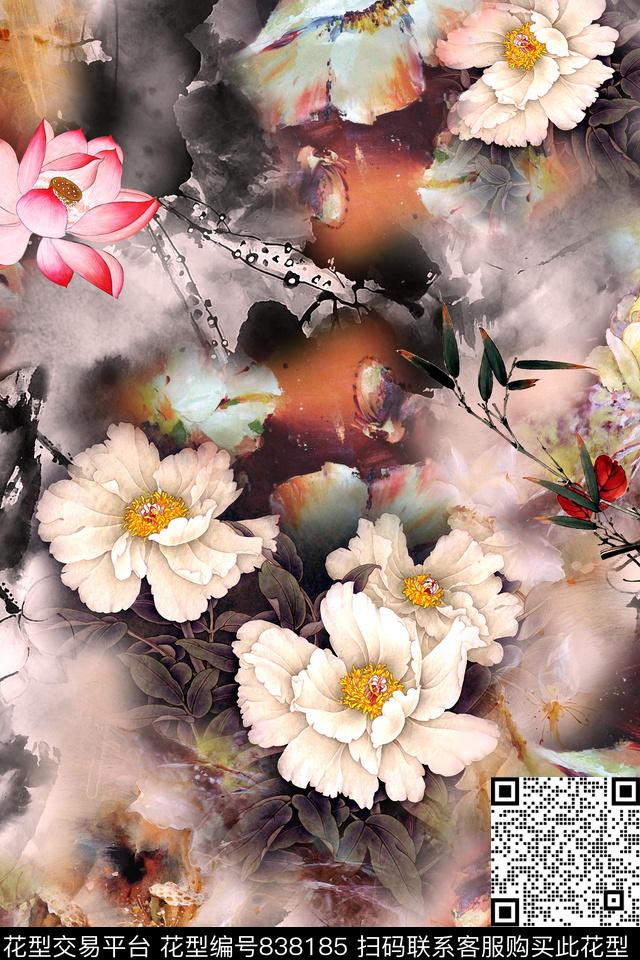 水墨中国风牡丹数码印花华亿平台下载（图片编号: 838185） - 瓦栏（Walan）