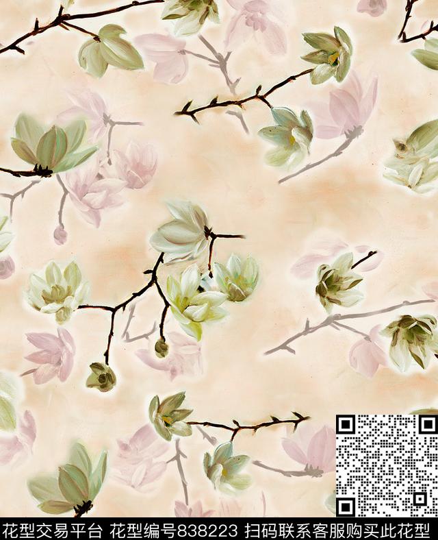 玉兰花油画华亿平台面料花数码印花华亿平台下载（图片编号: 838223） - 瓦栏（Walan）